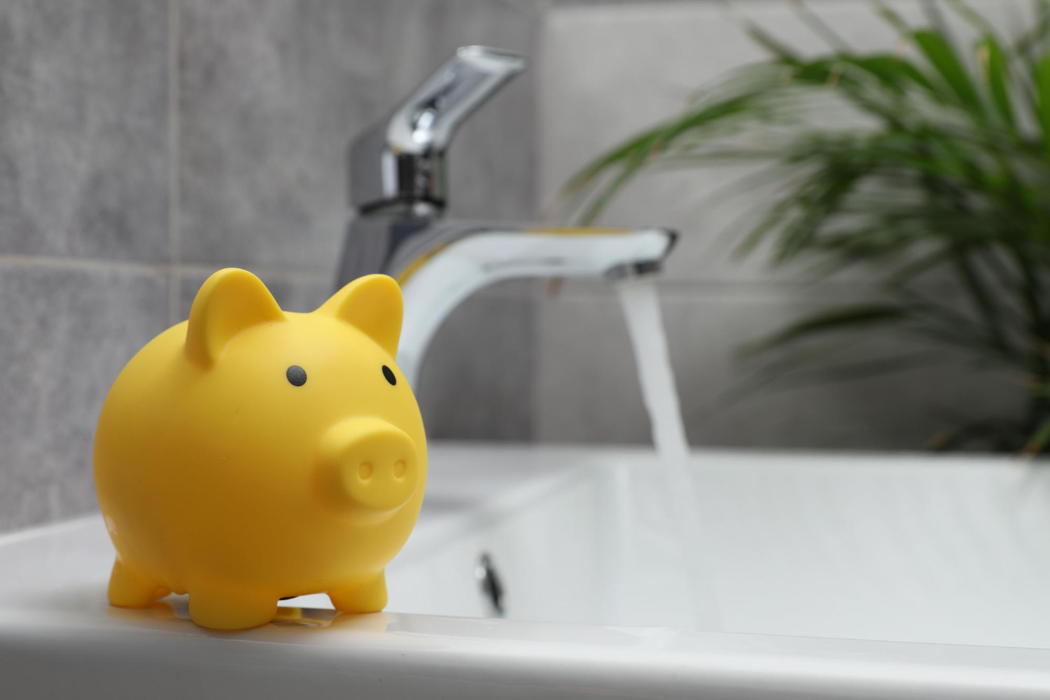 A yellow piggy bank on a bathroom sink with running water and a green plant in the background.