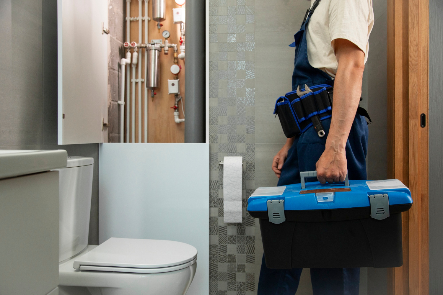 A plumber wearing a tool belt stands in a bathroom holding a blue tool box.